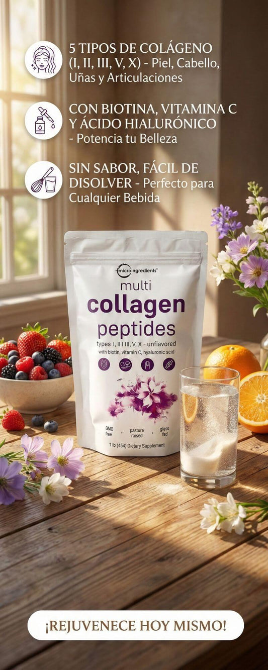 Rejuvenece tu cuerpo desde adentro: 5 Tipos de Colágeno + Biotina y Ácido Hialurónico en una sola toma.